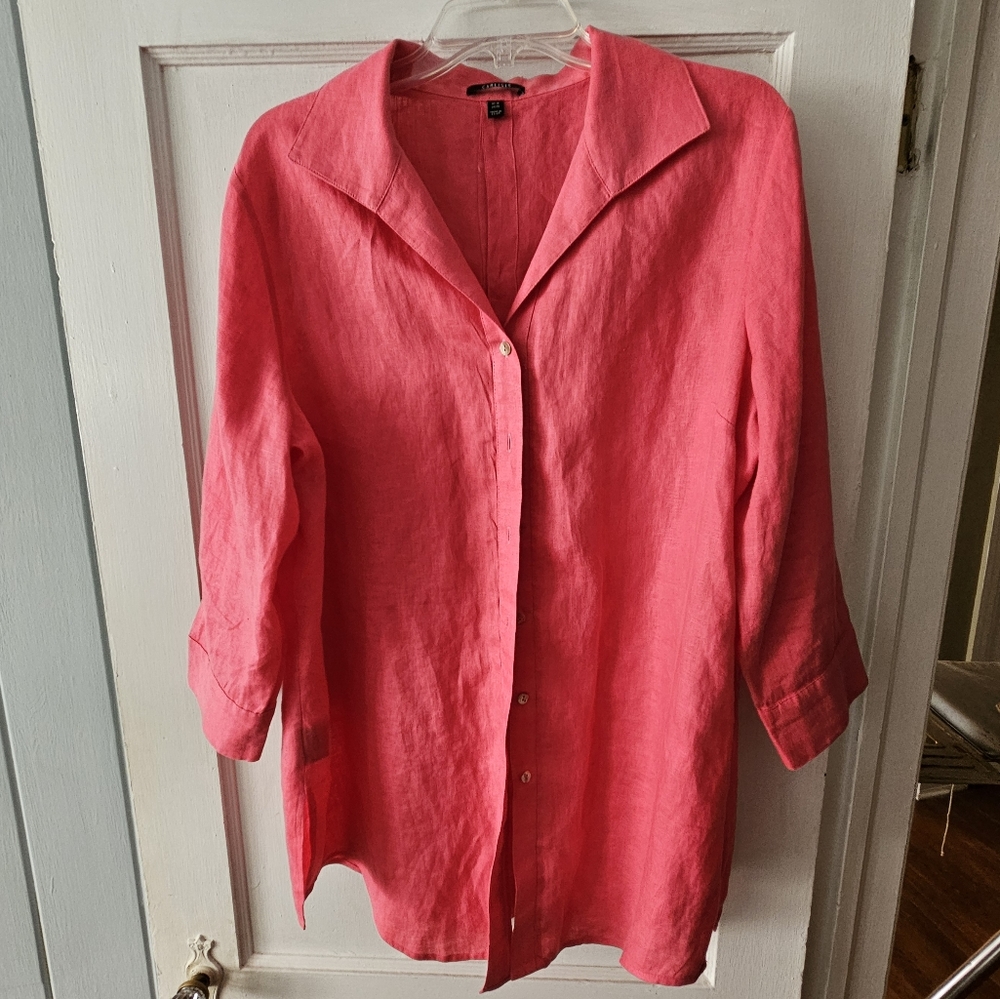 Carlisle Hot Pink Linen Button Up Shirt Tunic Back Buttons 3/4 Sleeves size 18